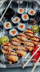 Wall Mural - Top view of sushi set with sticks