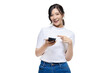 Attractive Young Asian woman pointing finger to mobile smartphone with transparent background. PNG file format.