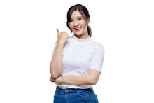 Happy Young Asian Woman Feeling Happiness And Gesture Thumb Up With Transparent Background. PNG File Format.