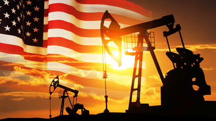 US oil industry .Crude oil and petroleum concept. American flag background