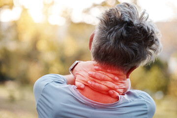 Sticker - Woman, neck pain and hands on red injury after exercise, running and cardio workout outdoor with burnout, stress and health problem. Senior person in nature for run with a massage after body accident