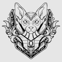 tattoo illustration and t shirt black and white sphynx cat engraving ornament