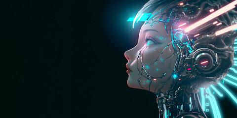 Cyborg, humanoid, robot, android, ai, metaverse, virtual reality, science fiction, digital illustration