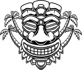 Wall Mural - Illustration of Tiki tribal wooden mask. Design element for logo, emblem, sign, poster, card, banner. Vector illustration