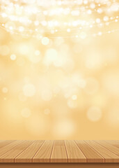 Sticker - Bokeh gold glitter with wood for product on abstract christmas background.