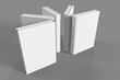 Realistic 3d book mockup illustration with 5 hard covers. Book mockup standing on isolated gray background with shadow. A mockup of 5 hardcover books standing upright, arranged in a circular form.