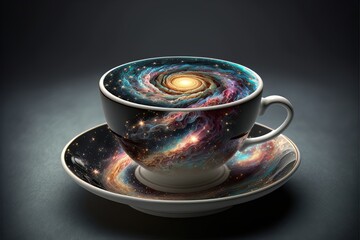 Wall Mural - Illustration of a Galaxy of Worlds in a Tea Cup with Saucer
