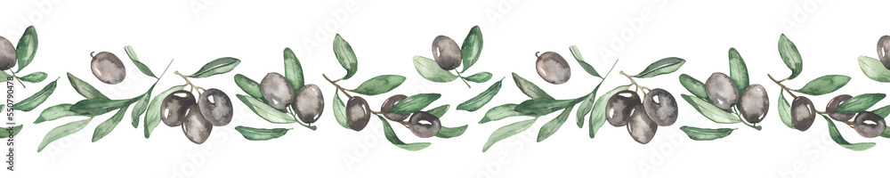 Watercolor seamless border with olive tree fruits, branches, black ...