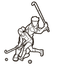 Group of Field Hockey Sport Team Male and Female Players Mix Action Cartoon Graphic Vector