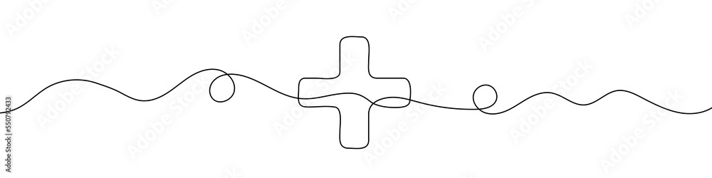 Plus sign in continuous line drawing style. Line art of a plus sign. Vector illustration. Abstract background