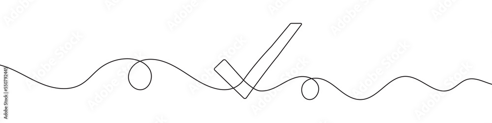 Check mark in continuous line drawing style. Line art of the approved symbol. Vector illustration. Abstract background