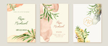Set Of Tropical Cards With Watercolor Palm Leaves, Plants, Abstract Forms. Exotic Summer Colorful Poster, Card, Cover.