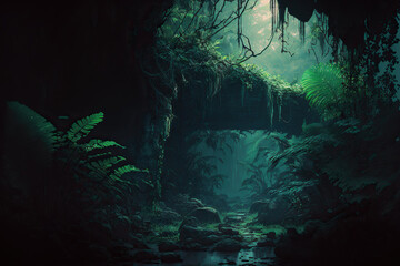 Wall Mural - Ancient ruins in dark excotic tropical jungle illustration