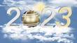 Illustrazione 3D. Anno nuovo 2023. Capodanno, 2023  in numeri, a celebrare l'arrivo del nuovo anno,  sospeso nel cielo tra le nuvole..