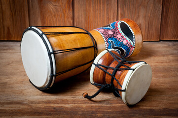 Damaru and djembe drums, percussion and musical instruments.