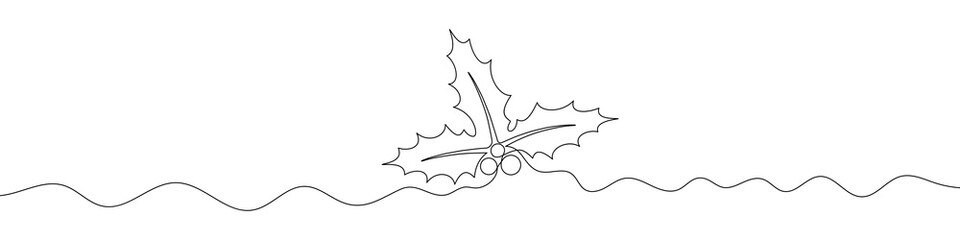 Wall Mural - christmas plant in continuous line drawing style. line art of holly leaves with berry. vector illust