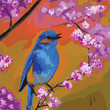 Bird sits branch cherry blossoms. Nightingale branches with leaves. Beautiful vector illustration with birds, Japanese flowers, tree, spring wallpaper, branches. Ideal for wallpapers, surface textures