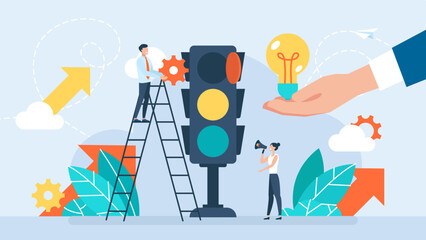 Change of traffic rules. The concept of changing business rules. People repair and adjust traffic lights. Business improvements, technology upgrades. Flat vector illustration