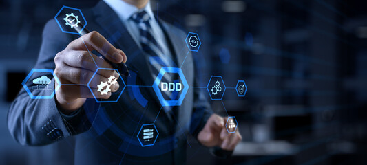 Domain-driven design Software development programming concept. Businessman pressing button.