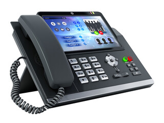 modern voip or voice over ip phone with led screen on transparent background