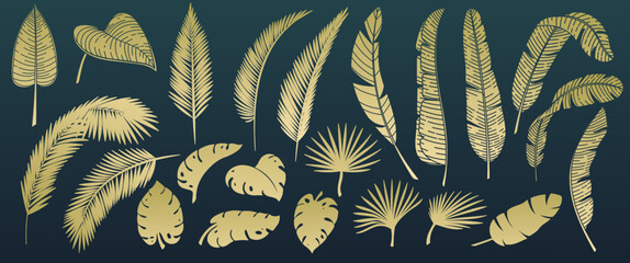 Poster - Gold tropical palm tree leaves, cutout glyph set vector illustration. Golden silhouettes of leaf plants of jungle, gold elements of summer paradise and botanical beauty, flora collection from tropics