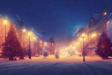 A Beautiful Digital Artwork Of Snowy Street With Christmas Trees And Lights, Digital Art Style, Illustration Painting