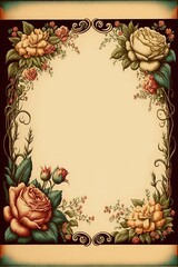 Wall Mural - Sweet vintage frame with roses, peonies, and foliage. Sepia background