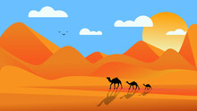 Color Illustration With Walking Camels Against The Backdrop Of Sandy Mountains In The Desert