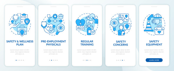 Wall Mural - accident avoiding in workplace tips blue onboarding mobile app screen. walkthrough 5 steps editable 