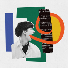contemporary art collage. creative design. young boy studying data science, programs development, co