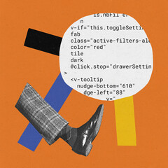 contemporary art collage. creative design. abstract art with male leg kicking code image. overcoming