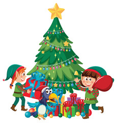 Wall Mural - Christmas elf kids with Christmas tree