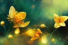 Golden Bluebells Flowers In Fantasy Magical Emerald Color Garden In Fairy Tale Elf Forest, Fairytale Blue Bells Glade And Ladybugs On Midnight Background, Elven Magic Wood In Dark Night With Moon Rays