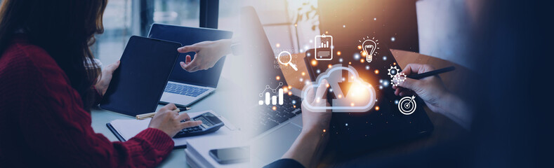 man use Laptop with cloud computing diagram show on hand. Cloud technology. Data storage. Networking and internet service concept.