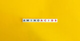 Fototapeta  - Amino Acids Banner. Letter Tiles on Yellow Background. Minimal Aesthetics.