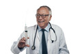 PNG shot of an elderly male doctor holding a syringe for injection in a studio against a transparent background