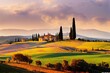 © LukaszDesign - Typical Tuscan view with farmhouse and cypress trees. Colorful summer view of Italian countryside, Val d'Orcia valley, Pienza location. Beauty of countryside concept background.