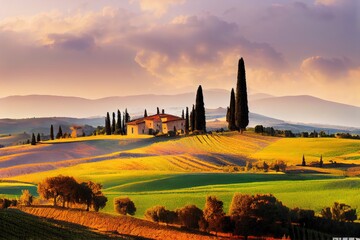 Typical Tuscan view with farmhouse and cypress trees. Colorful summer view of Italian countryside, Val d'Orcia valley, Pienza location. Beauty of countryside concept background.