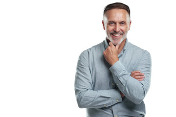 PNG studio portrait of a mature man looking thoughtful against a grey background