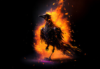 Wall Mural - Generative AI Magic flaming undead crow on black background. Fairy undead fire crow illustration on black background. Magical bird looking into the camera.