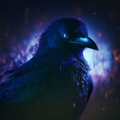 Wall Mural - Black crow bird on glowing magical black background. Generative AI Fairy bird illustration on black background. Magical bird looking into the camera. Dark crow bird.