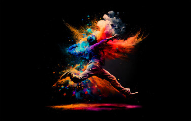 man jumps in abstract multicolor paint explosion. freeze motion man running through paint splash. pa