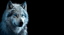 Magic Frost Wolf With Blue Eyes In The Dark On Black Background. Fairy Wolf Portrait. Generative AI Frost Wolf Illustration.
