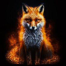 Magic Fox In Flames On Black Background. Fire Kitsune On Black Background. Fairy Flame Fox Generative AI Illustration. Magical Beasts And Animals.