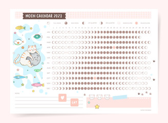 Wall Mural - One page 2023 year cute lunar calendar. Modern moon with cartoon cat, moon and fishes. Horizontal poster print for astronomy and astrology practice. 2023 lunar calendar with cute vector cat and moon.