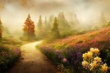 Fantasy Fabulous Wide Panoramic Photo Background With Autumnal Pine Tree Forest, Summer Rose And Bluebell Campanula Flower Bush, Flying Blue Butterfly And Mysterious Foggy Trail Road With Copy Space