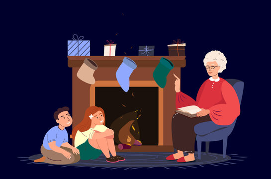 Aged retired Grandmother reading book to Grandchildren sit near fireplace.Cosy Warm Atmosphere,Socks,Gifts,Presents Celebrate New Year,Xmas.Grandparent,Kids spend time together.Vector Illustration