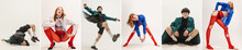 Collage. Stylish Young Man And Woman In Extraordinary Bright Clothes Posing Isolated Over Grey Background. Self-expression
