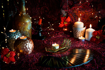 Concept of Christmas divination predictions on tarot cards and other magic