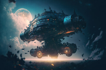 Sticker - Spaceship in cosmos, fantasy sci fi epic scenery
